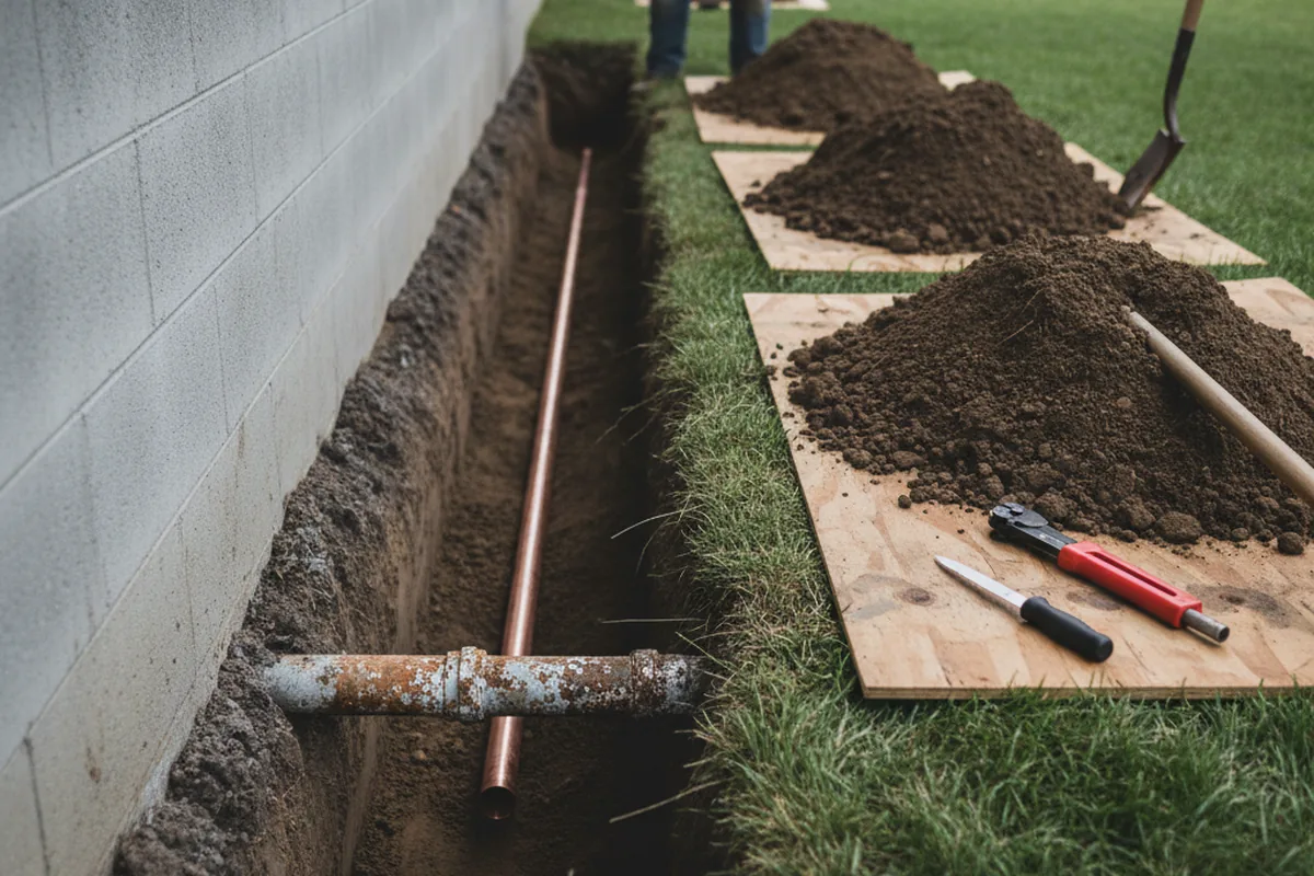 Excavated water line trench during Water Heater Repair in Seco